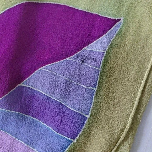 Signed Silk Oblong Scarf 100% Silk Handmade Artsy Boho Green Leaf Sheer Handmade - Picture 3 of 4